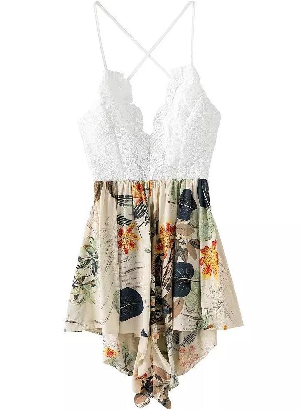 Romwe Spaghetti Strap Lace Florals Jumpsuit