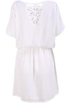 Romwe White Short Sleeve Hollow Back Chiffon Dress
