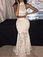 Romwe Turtleneck Lace Crop Top With Mermaid Skirt