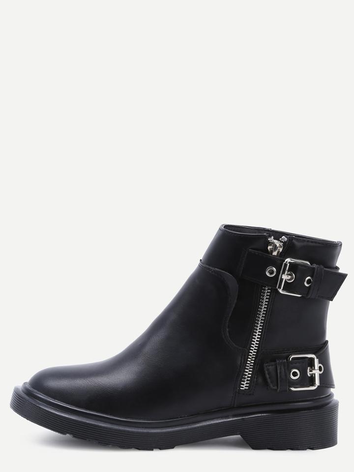Romwe Black Buckle Strap Side Zipper Low Heel Boots