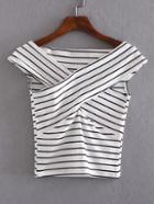 Romwe Black And White Striped Crisscross Front Crop T-shirt