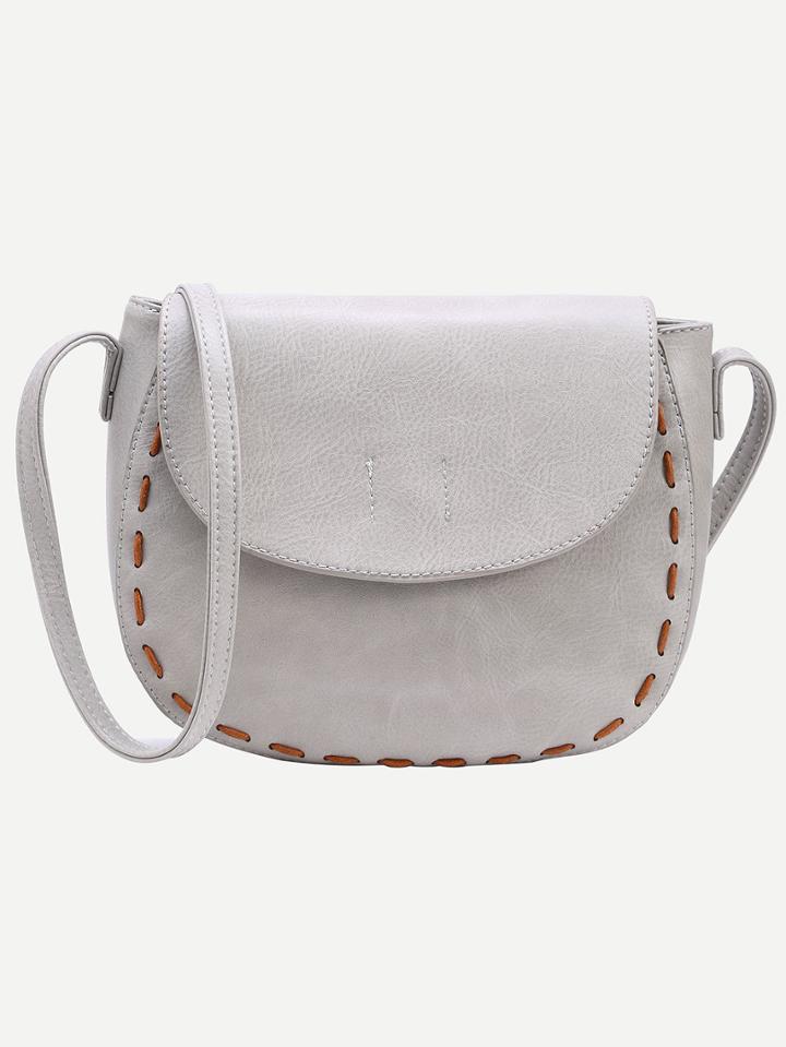 Romwe Faux Leather Interlaced Trim Saddle Bag - Grey