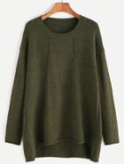 Romwe Army Green Dropped Shoulder Seam High Low Sweater