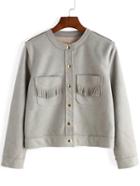 Romwe Round Neck Fringe Pockets Grey Coat