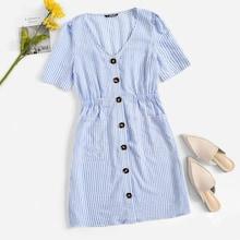 Romwe Button Through Elastic Waist Stripe Tea Dress