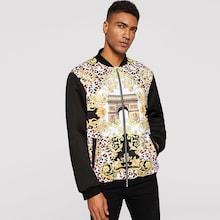 Romwe Guys Solid Sleeve Mixed Print Bomber Jacket