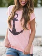 Romwe Anchor Print Rolled Sleeve Pink T-shirt