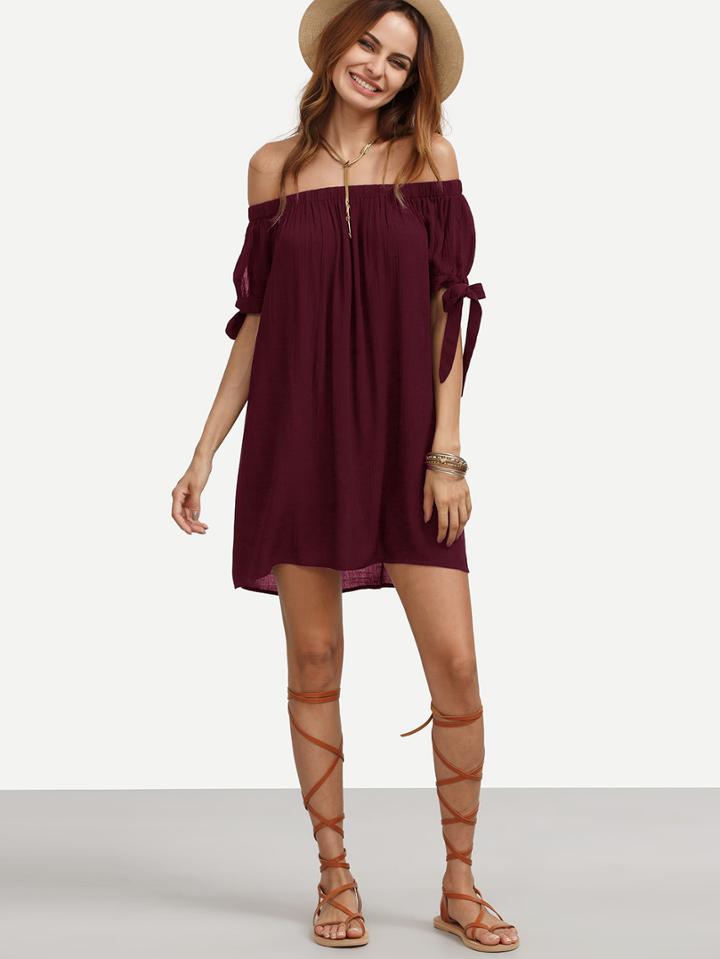 Romwe Split Tie Sleeve Crinkle Bardot Dress