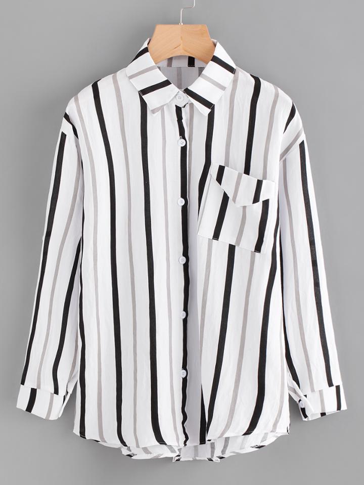 Romwe Vertical Striped Shirt With Pocket