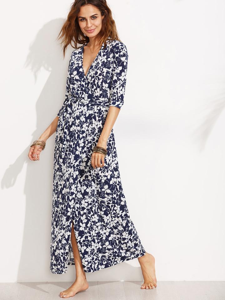 Romwe Blue V Neck Floral Split Front Dress With Belt