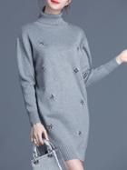 Romwe Grey Stand Collar Long Sleeve Beading High Low Knit Dress