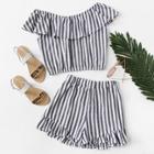 Romwe Off Shoulder Tiered Striped Top With Shorts