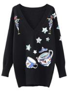 Romwe Black Embroidery Slouchy Sweater With Sequin Detail