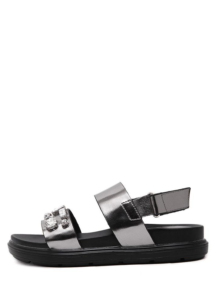 Romwe Silver Faux Leather Open Toe Rhinestone Sandals