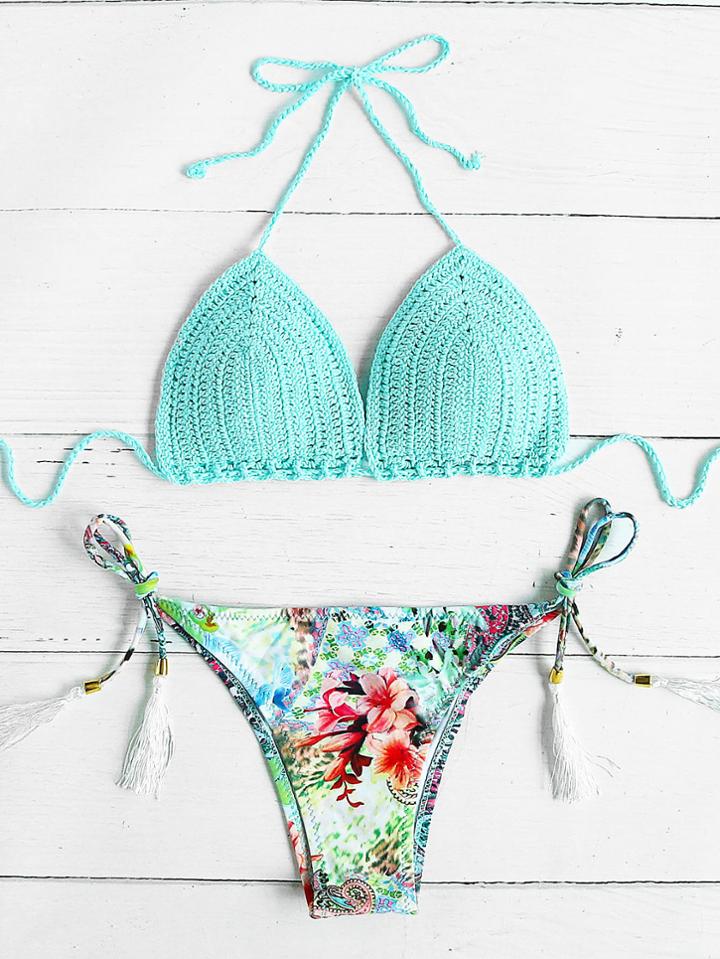 Romwe Calico Print Tassel Tie Crochet Bikini Set
