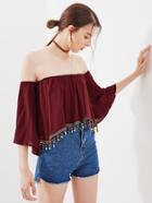 Romwe Embroidered Tape Detail Beading Trim Bardot Top