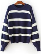Romwe Navy Striped Ribbed Trim Drop Shoulder Sweater