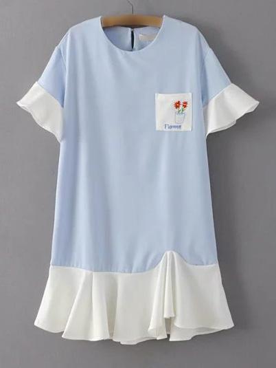Romwe Blue Flower Embroidery Ruffle Key-hole Back Dress