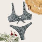 Romwe Gingham Knot Front Top With Cheeky Bikini Set