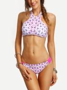 Romwe Geometric Print High Neck Bikini Set - Pink