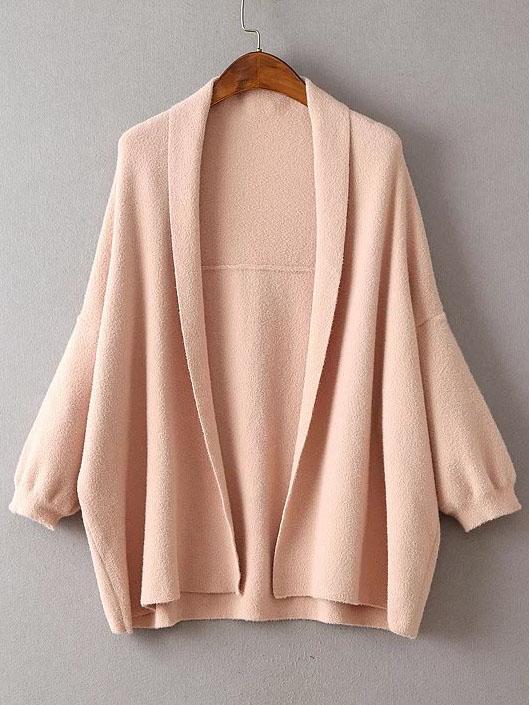 Romwe Pink Shawl Collar Lantern Sleeve Batwing Cardigan