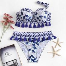 Romwe Plus Tassel Decorated Ginkgo Biloba Print Bikini Set