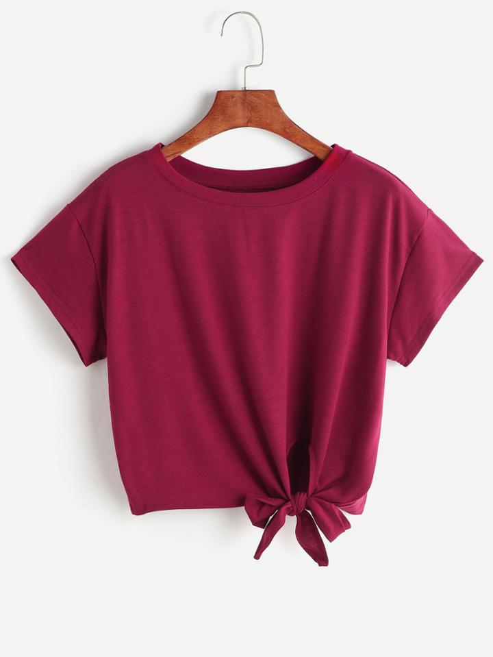 Romwe Burgundy Tie Side Crop T-shirt