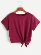 Romwe Burgundy Tie Side Crop T-shirt