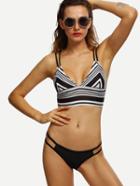 Romwe Contrast Striped Print Mix And Match Bikini Set