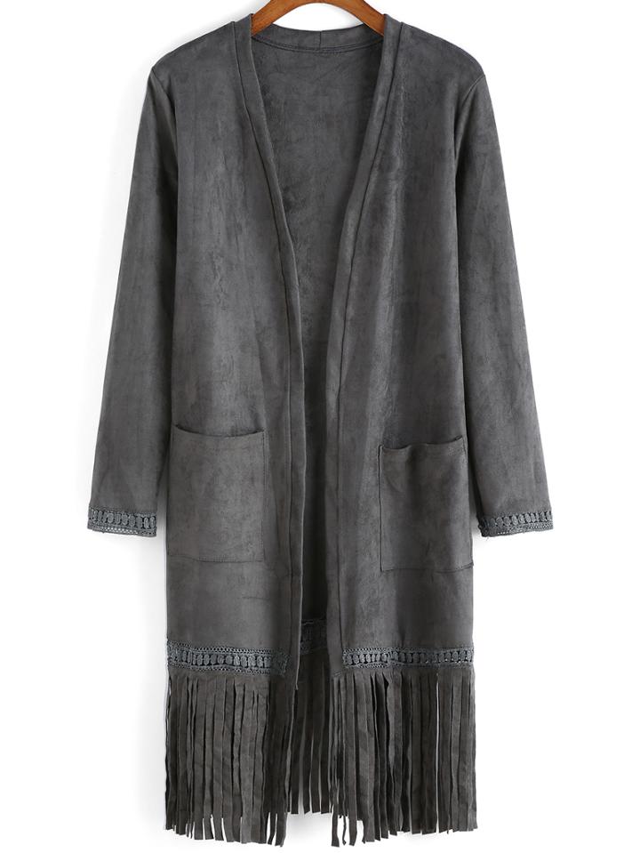 Romwe Long Sleeve Crochet Tassel Suede Coat