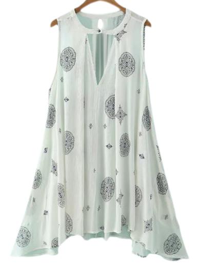 Romwe Beige Pocket Cut Out Front Vintage Printed Dress