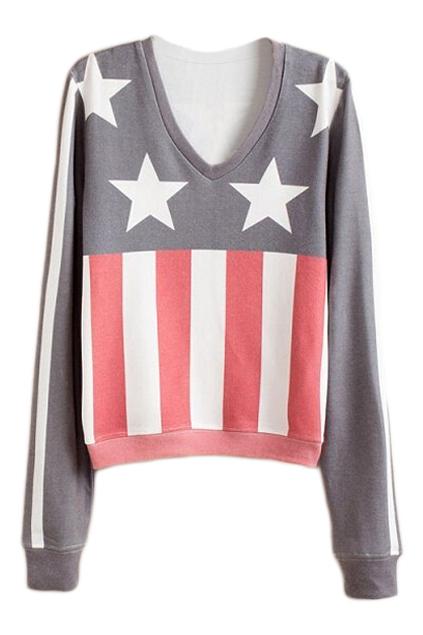 Romwe Star And Stripe Print V-neck Casual Sweatshirt