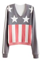 Romwe Star And Stripe Print V-neck Casual Sweatshirt
