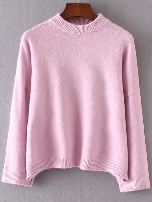 Romwe Pink Crew Neck Ribbed Trim Drop Shoulder Sweater