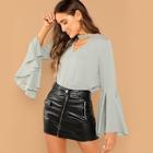 Romwe Choker Neck Pleated Flounce Sleeve Top