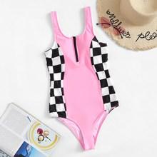 Romwe Checker Zipper-up Low Back One Piece Swimsuit
