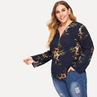 Romwe Plus Floral Print Zip Neck Blouse