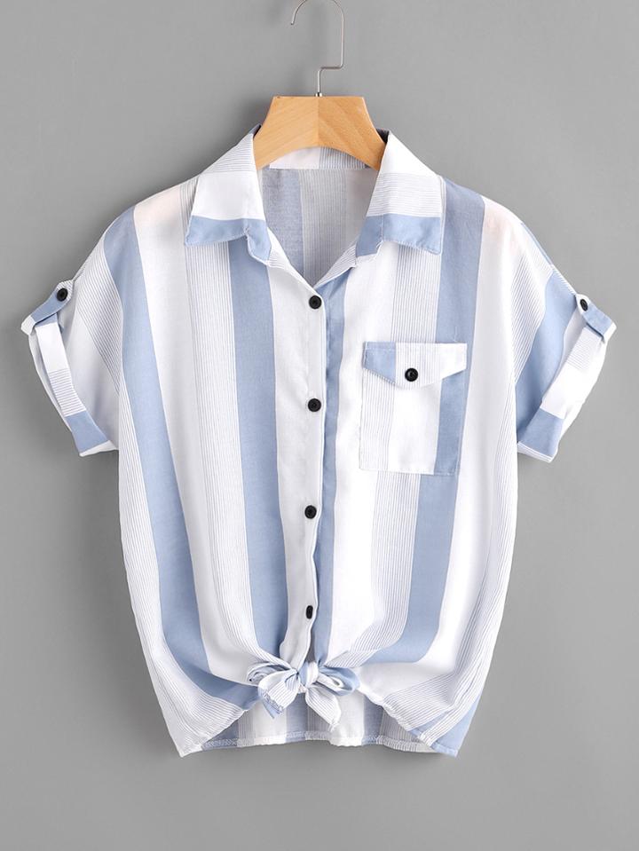 Romwe Contrast Striped Roll Tab Sleeve Knotted Hem Shirt