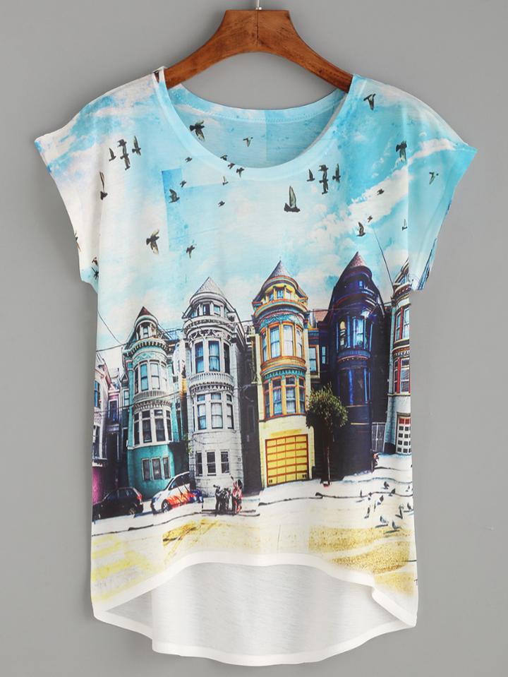 Romwe Multicolor Building Print High Low T-shirt