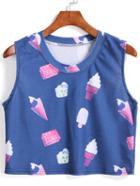 Romwe Ice Cream Print Blue Tank Top