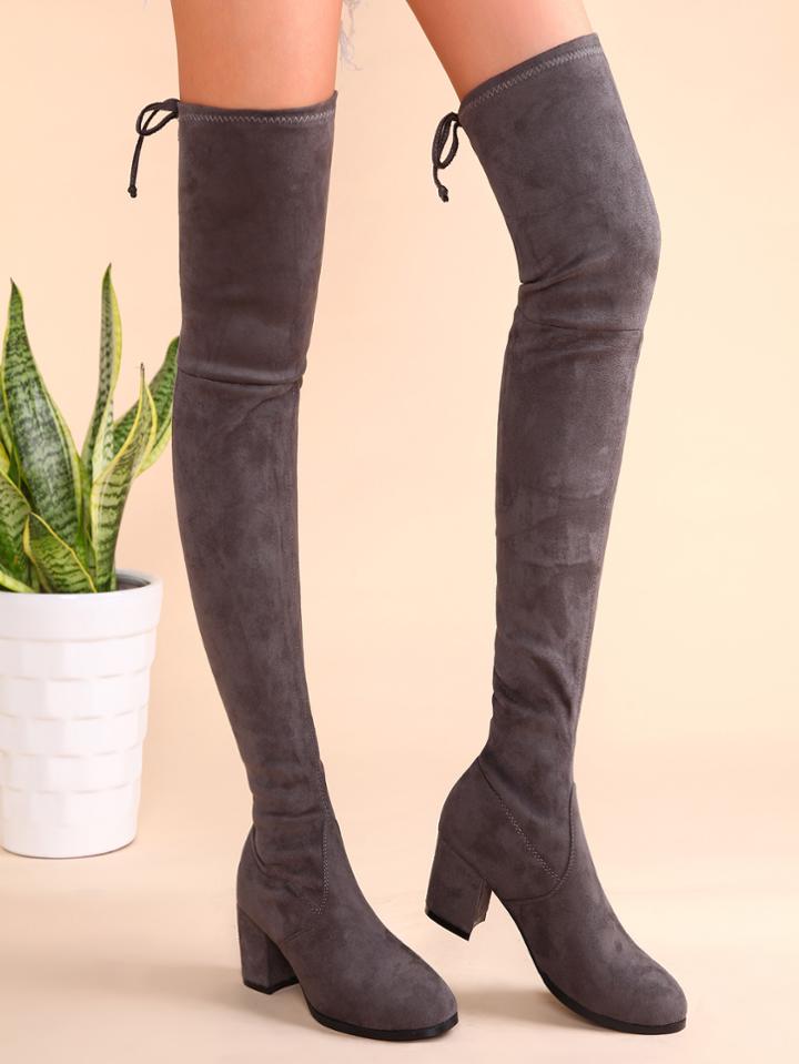 Romwe Grey Suede Tie Back Chunky Heel Thigh High Boots