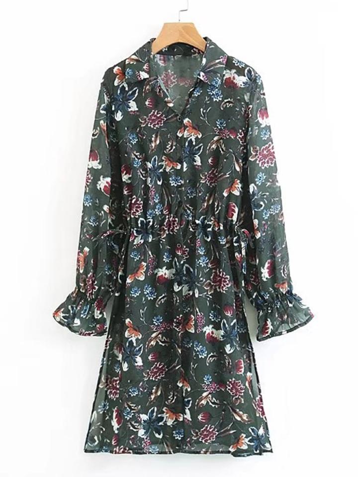 Romwe Side Slit Floral Shirt Dress