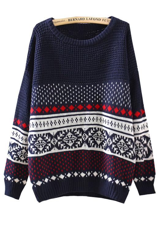 Romwe Diamond Patterned Loose Navy Sweater