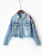 Romwe Flower Embroidery Frayed Detail High Low Denim Jacket