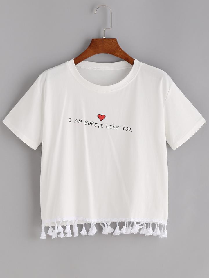 Romwe Heart And Slogan Print Tassel Hem Tee