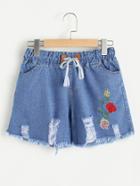 Romwe Floral Embroidered Drawstring Waist Fray Hem Ripped Shorts