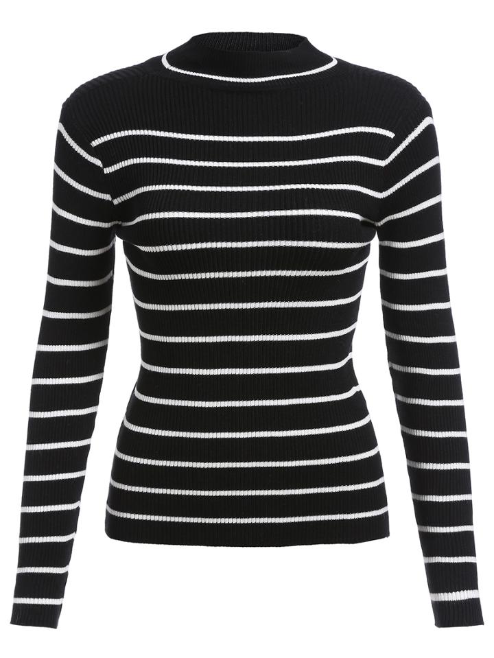 Romwe Black White Striped Slim Sweater