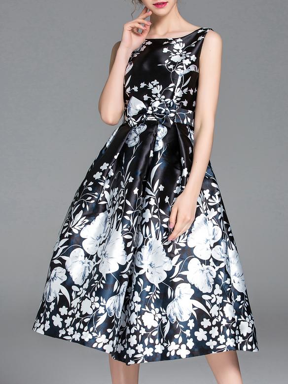 Romwe Black Backless Bowtie Print A-line Dress