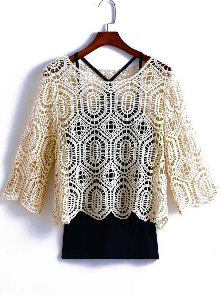 Romwe Half Sleeve Floral Crochet Top