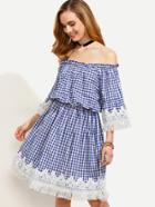 Romwe Blue Checkerboard Crochet Trim Off The Shoulder Dress
